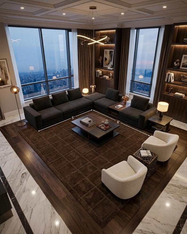 May include: A dark gray sectional sofa measuring 5 feet by 8 feet, a square coffee table, two cream-colored armchairs, and a dark brown area rug. The room features floor-to-ceiling windows, built-in wooden shelving, and modern lighting.