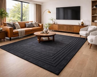 Charcoal Gray Geometric Rug, Hand Tufted New Zealand Wool Area Rug, Modern Minimalist Living Room Rug, 8x10 Designer Carpet