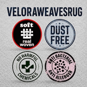Four circular icons on a gray background, each with text: "soft real woven," "DUST FREE," "NO HARMFUL CHEMICALS," and "ANTI BACTERIAL ANTI ALLERGEN."