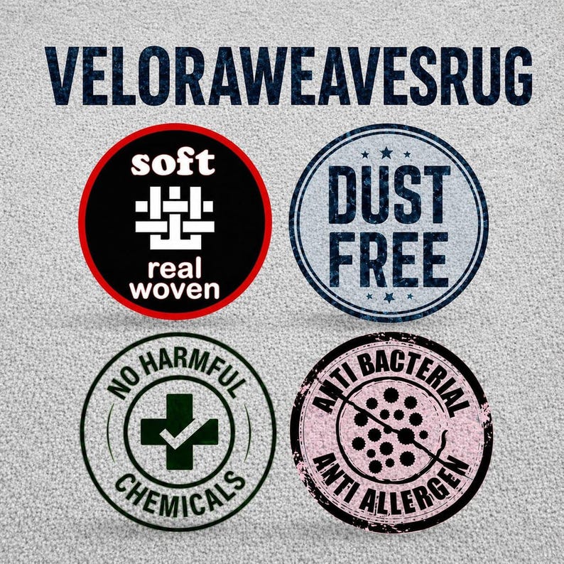 Four circular icons on a gray background, each with text: "soft real woven," "DUST FREE," "NO HARMFUL CHEMICALS," and "ANTI BACTERIAL ANTI ALLERGEN."
