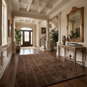 May include: A rectangular brown area rug with a grid pattern of raised squares lies on a dark wood floor in a foyer. The space features a coffered ceiling, a gold-framed mirror above a console table, a staircase, and a dark wood front door.