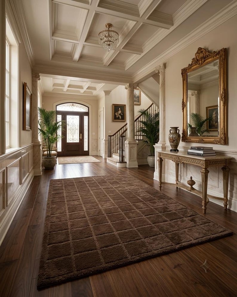 May include: A rectangular brown area rug with a grid pattern of raised squares lies on a dark wood floor in a foyer. The space features a coffered ceiling, a gold-framed mirror above a console table, a staircase, and a dark wood front door.