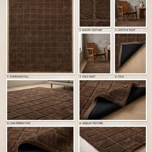 May include: A deep brown rectangular rug featuring a raised waffle grid pattern. The rug has a thick, textured shag pile surface and a solid black backing material. The edges are finished with a brown fabric binding, visible in the folded views.