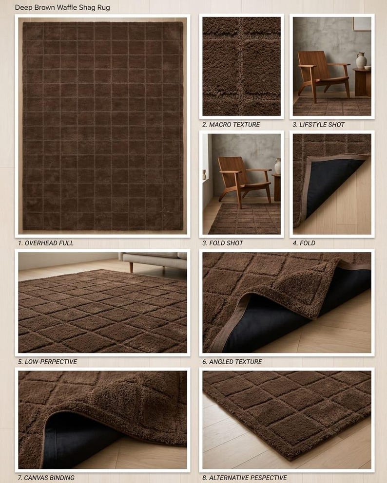 May include: A deep brown rectangular rug featuring a raised waffle grid pattern. The rug has a thick, textured shag pile surface and a solid black backing material. The edges are finished with a brown fabric binding, visible in the folded views.