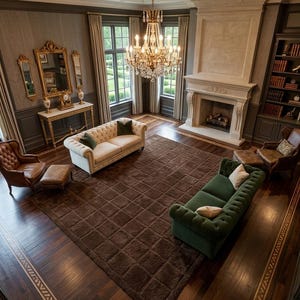 May include: A living room featuring a large brown area rug with a grid pattern, a cream tufted sofa with green pillows, a dark green tufted sofa with white pillows, two brown leather armchairs with ottomans, a stone fireplace, and a crystal chandelier.