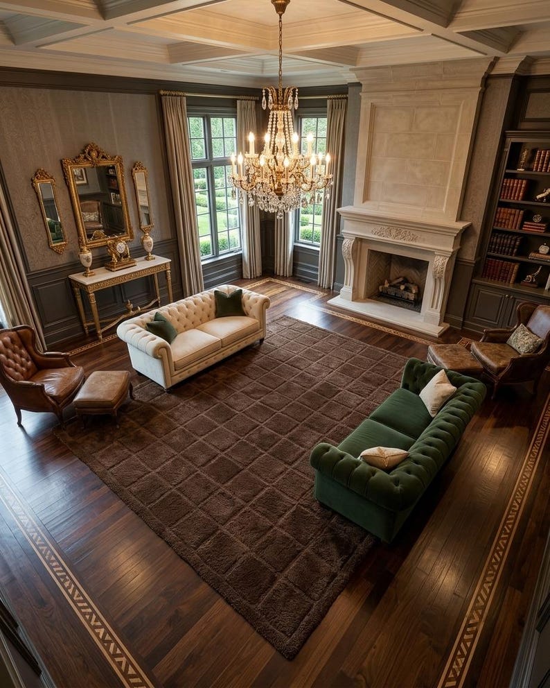 May include: A living room featuring a large brown area rug with a grid pattern, a cream tufted sofa with green pillows, a dark green tufted sofa with white pillows, two brown leather armchairs with ottomans, a stone fireplace, and a crystal chandelier.