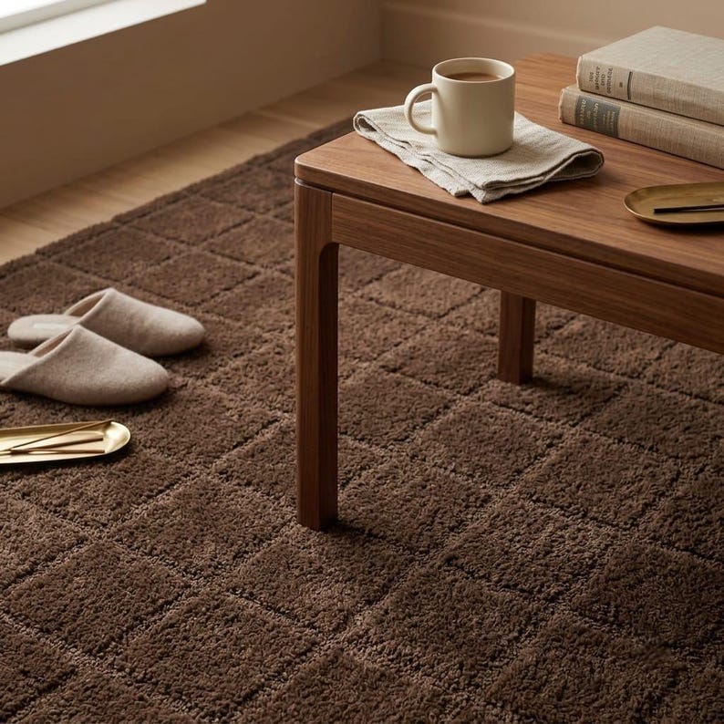 May include: A dark brown square-patterned rug with a pair of beige slippers, a wooden table, a cream-colored ceramic mug, a folded linen napkin, and two stacked books. The rug features a textured, grid-like design across its entire surface.