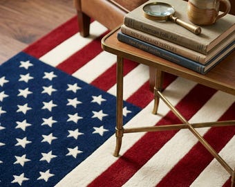 Antique American Flag Hand Tufted Rug, 5x8 Wool Area Rug, Vintage Red White Blue Stars Stripes, Country Farmhouse Folk Art Living Room Decor