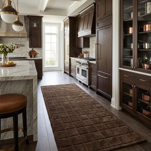 May include: A rectangular runner rug featuring a deep brown color and a raised grid pattern. The rug is positioned on a wooden floor in a kitchen setting, extending lengthwise between a marble-topped island and dark wood cabinetry.