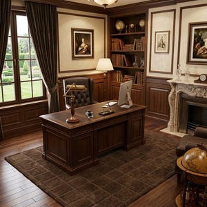 May include: A home office featuring a large dark wood executive desk with a leather inlay, a tufted brown leather chair, a brass banker lamp, a computer monitor, and a pen set. The room includes wood paneling, a fireplace, and a globe bar.