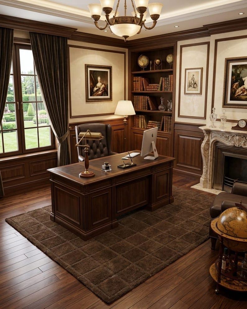 May include: A home office featuring a large dark wood executive desk with a leather inlay, a tufted brown leather chair, a brass banker lamp, a computer monitor, and a pen set. The room includes wood paneling, a fireplace, and a globe bar.