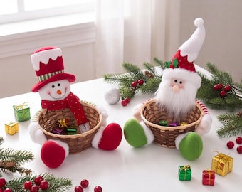 Christmas Character Basket Decoration, Snowman Santa Treat Holder, Holiday Tabletop Decor, Festive Gift