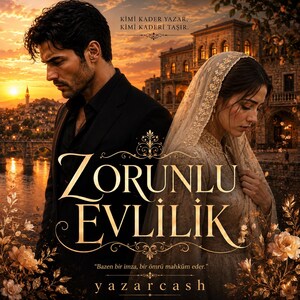 Peut inclure: Une couverture de livre montrant un homme en costume noir et une femme portant un voile en dentelle blanche. Le texte indique : Kimi kader yazar, kimi kaderi taşır. ZORUNLU EVLİLİK. Bazen bir imza, bir ömrü mahkûm eder. yazarcash. Fond de coucher de soleil.