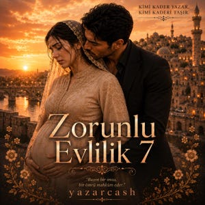 Peut inclure: Une couverture de livre intitulée Zorunlu Evlilik 7 montrant une personne enceinte en robe beige brodée et voile avec une personne en costume noir devant un paysage urbain au coucher du soleil et le texte Kimi kader yazar, kimi kaderi taşır.