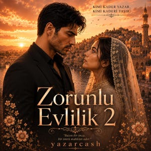 Puede incluir: Un póster digital con un hombre en traje negro y una mujer en vestido beige con velo de encaje, frente a frente ante un paisaje urbano al atardecer. Texto: Zorunlu Evlilik 2, Kimi kader yazar, kimi kaderi taşır, Bazen bir imza, bir ömrü mahkûm eder, yazarcash.