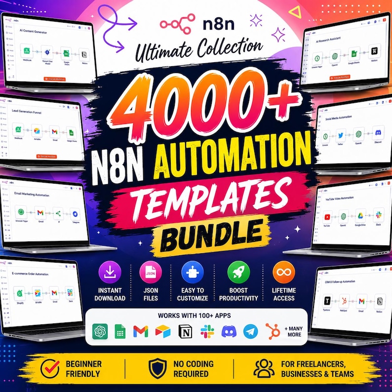 May include: A digital product bundle featuring 4000+ n8n automation templates displayed on multiple laptop screens. The graphic includes text reading Ultimate Collection, 4000+ N8N AUTOMATION TEMPLATES BUNDLE, and icons for various software apps.