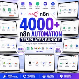 以下が含まれることがあります： 4000以上のn8n自動化テンプレートのデジタルバンドル。Google Sheets、OpenAI、Notion、Airtable、Gmail、Shopify、HubSpot、Slackなどのアイコンとワークフロー図を表示する複数のノートパソコン画面と、テキストラベルが含まれています。