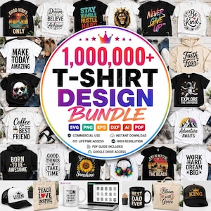 May include: A digital graphic advertisement for a 1,000,000+ T-shirt design bundle featuring various apparel mockups including t-shirts, hoodies, mugs, and caps with diverse graphic prints, text, and illustrations displayed in a grid layout.