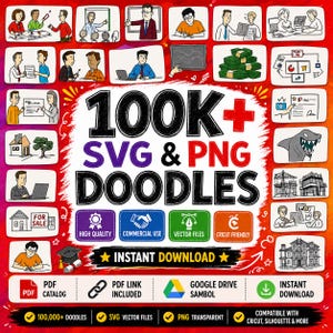 Może przedstawiać: Cyfrowa kolekcja ponad 100 tys. doodle w formatach SVG i PNG, zawierająca różne ilustracje postaci, budynków i koncepcji biznesowych. Grafika zawiera etykiety dotyczące wysokiej jakości, użytku komercyjnego, plików wektorowych i kompatybilności z Cricut.