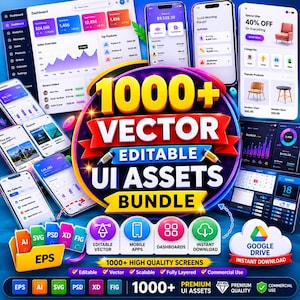 May include: A digital collection of 1000+ vector editable UI assets featuring various mobile app screens, dashboard interfaces, and data charts. The bundle includes file formats like EPS, AI, SVG, PSD, XD, and FIG, with a Google Drive download link.