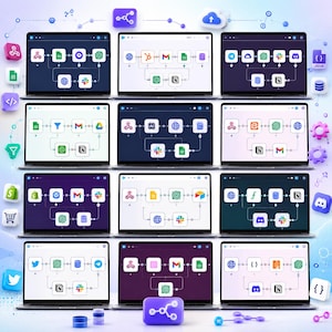 May include: A grid of twelve laptop screens displaying various software automation workflow diagrams with interconnected icons. Floating 3D icons representing cloud services, databases, and communication tools surround the laptops on a light blue background.