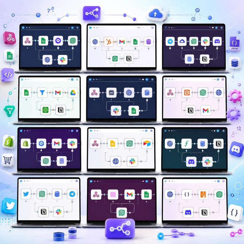 May include: A grid of twelve laptop screens displaying various software automation workflow diagrams with interconnected icons. Floating 3D icons representing cloud services, databases, and communication tools surround the laptops on a light blue background.