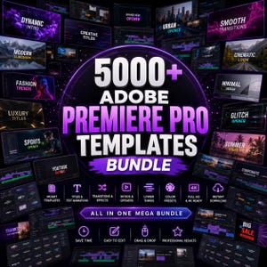 Könnte beinhalten: Ein digitales Paket mit 5000+ Adobe Premiere Pro Vorlagen in einem violetten und schwarzen Farbschema. Die Grafik zeigt Text, einschließlich 5000+ ADOBE PREMIERE PRO TEMPLATES BUNDLE und ALL IN ONE MEGA BUNDLE, umgeben von verschiedenen Videobearbeitungsvorschauen.