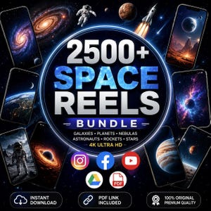 Peut inclure: Un ensemble numérique de plus de 2500 vidéos spatiales incluant galaxies, planètes, nébuleuses, astronautes, fusées et étoiles en 4K ultra HD. Le visuel présente des smartphones affichant des images spatiales, des icônes sociales et des liens.