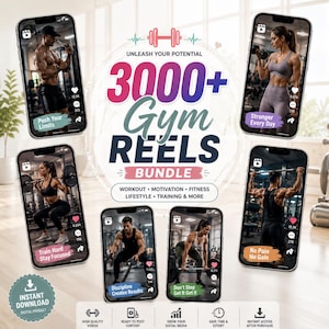 May include: A digital product bundle featuring 3000+ Gym Reels with text overlays like Push Your Limits, Stronger Every Day, Train Hard Stay Focused, Discipline Creates Results, and Don't Stop Get It Get It, displayed on six smartphone screens.