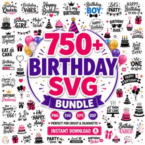 Op de afbeelding: Een digitale designcollectie getiteld 750+ BIRTHDAY SVG BUNDLE met talloze zwarte tekstzinnen, kleurrijke verjaardagstaarten, ballonnen, feesthoedjes en cadeauverpakkingen rondom een centraal paars en roze grafisch element.