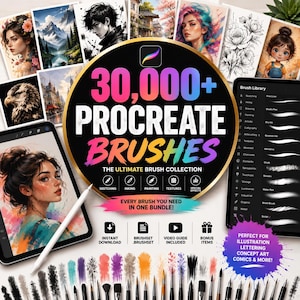 May include: A digital collection of 30,000+ Procreate brushes featuring a central circular logo with colorful text, surrounded by various artistic illustrations, a tablet displaying a portrait, a brush library menu, and assorted paintbrushes.