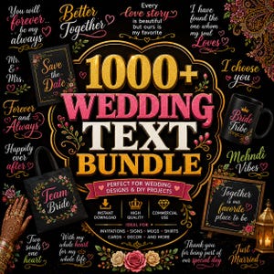 Może przedstawiać: Cyfrowy pakiet graficzny zatytułowany 1000+ Wedding Text Bundle ze złotą i różową typografią na czarnym tle. Zawiera różne zwroty o tematyce ślubnej, ilustracje kwiatowe, torbę na zakupy, kubek oraz projekt tabliczki w ramce.