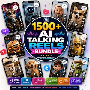May include: A digital bundle advertisement featuring a central dark blue circular graphic with the text 1500+ AI TALKING REELS BUNDLE surrounded by ten smartphones displaying various animated characters like a cat, robot, baby, dog, and food.