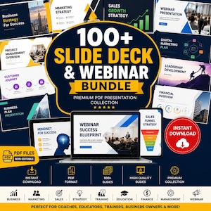 Puede incluir: Un paquete digital de más de 100 presentaciones de diapositivas y seminarios web en formato PDF. La colección incluye varias plantillas de negocios, como estrategias de marketing, ventas y liderazgo, que se muestran en una pantalla de portátil.