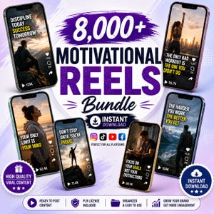 May include: A digital bundle of 8,000+ motivational reels featuring six smartphones displaying various inspirational videos with text overlays like Discipline Today Success Tomorrow and The Only Bad Workout Is The One You Didn't Do.