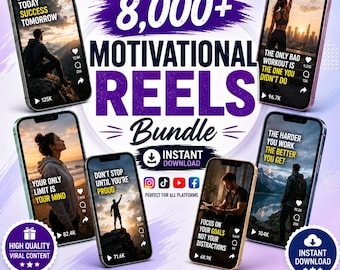May include: A digital bundle of 8,000+ motivational reels featuring six smartphones displaying various inspirational videos with text overlays like Discipline Today Success Tomorrow and The Only Bad Workout Is The One You Didn't Do.
