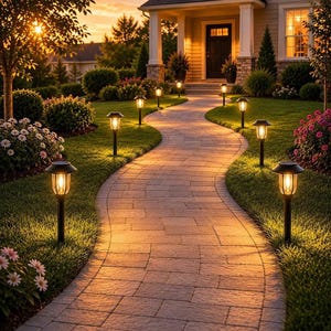 May include: A winding stone walkway lined with black solar-powered path lights that emit a warm yellow glow. The lights are positioned along the edges of a green lawn with flower beds and shrubs, leading toward the entrance of a residential house.