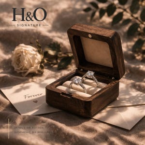 Può includere: Un portagioie in legno marrone scuro con coperchio incernierato, contenente due anelli color argento con pietre rotonde trasparenti. La scatola presenta un rivestimento interno color crema. Sono visibili le scritte H&O SIGNATURE e Forever.