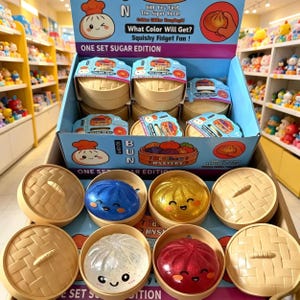 Caja sorpresa de Bao Bun blando aleatorio con cara brillante y recipiente vaporizador