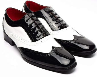 Zapatos Oxford Brogue Wingtips para hombre, hechos a mano en blanco y negro / Zapatos formales SoleWhisper