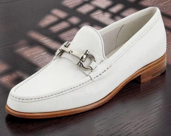 Men's Handmade White Leather Buckle Penny Loafers | SoleWhisper Formal Shoes