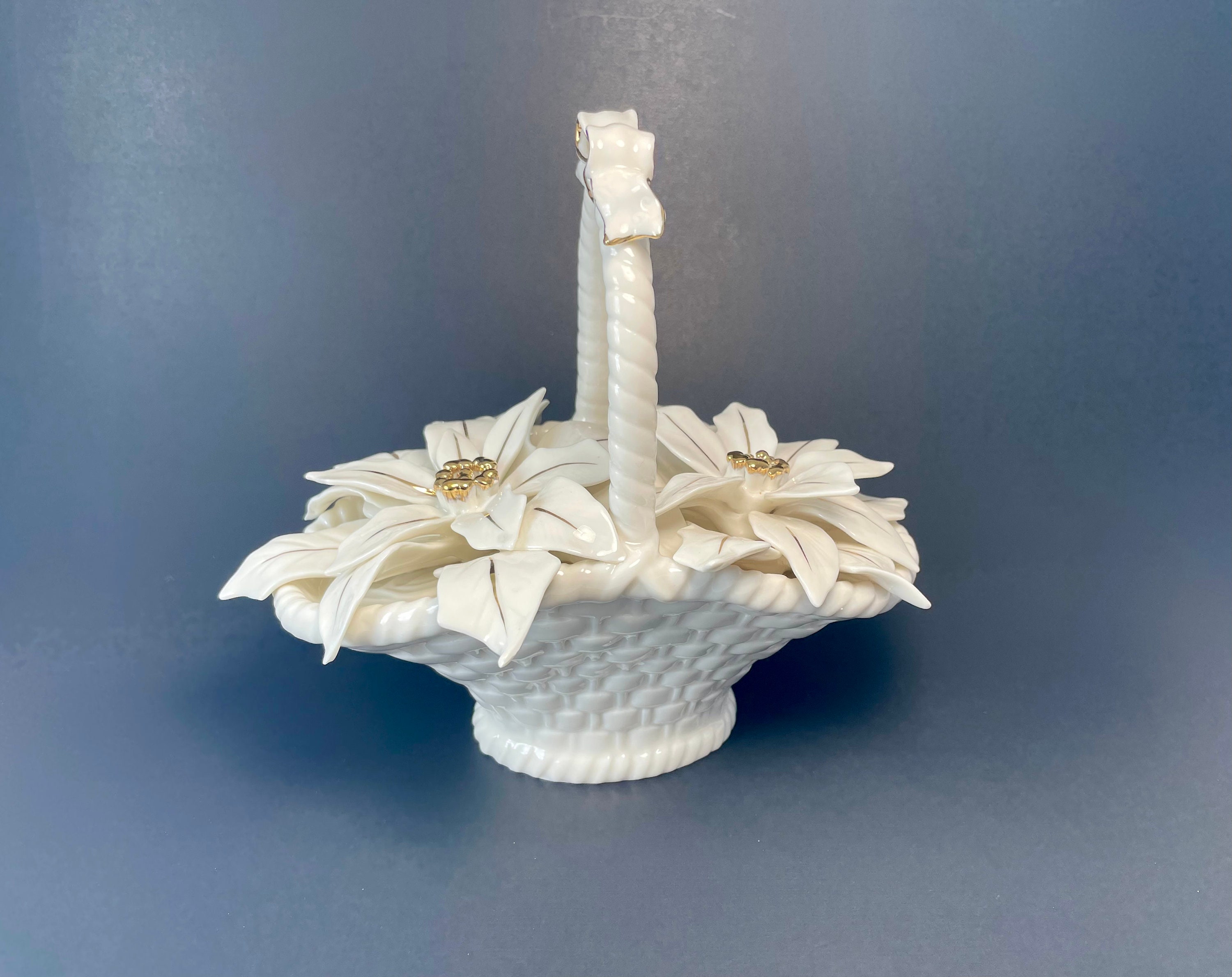 Vintage Porcelain Woven Basket of Poinsettias