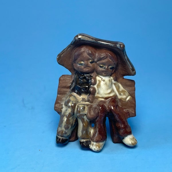 Vintage Fired Clay Boy and Girl Under Umbrella Miniature Figurine