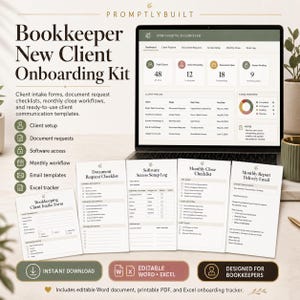 May include: A digital bookkeeper new client onboarding kit featuring a laptop displaying an onboarding dashboard, alongside printed document request checklists, software access logs, monthly close checklists, and client intake forms with text.