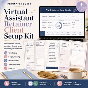 May include: A Virtual Assistant Retainer Client Setup Kit featuring a laptop displaying a dashboard, printed forms including a client profile, intake questionnaire, workflow checklist, update template, and invoicing log, a blue planner, a pen, and a mug.