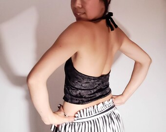 Black Night - Crush Velvet Halter Top - Summer Time - Beach Wear - Crop Top - Tie Straps