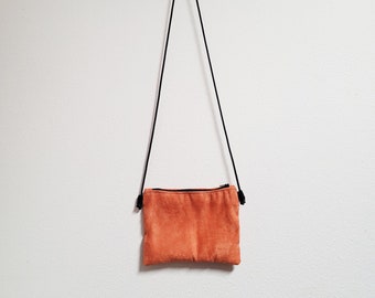 Burnt Orange - Micro Suede Cross Body Purse - Rope Strap Velvet Zipper Bag - Simple - Minimal - Carry Phone Keys Wallet - Gift for