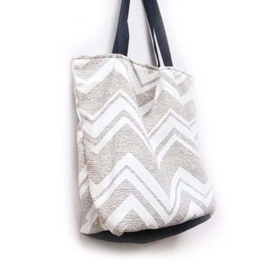 Chevron Zigzag Large Tote Bag / Baby Diaper Bag / Yoga Tote / Reusable Shopping Bag / Gym / Beach / Picnic / Grey / White image 1