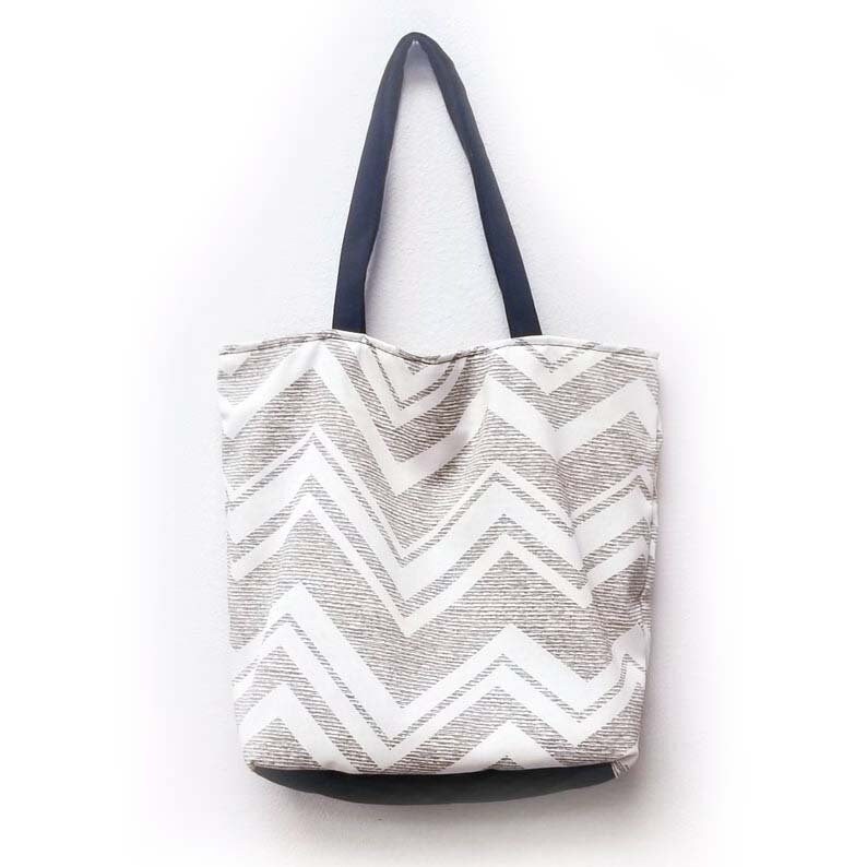 Chevron Zigzag Large Tote Bag / Baby Diaper Bag / Yoga Tote / Reusable Shopping Bag / Gym / Beach / Picnic / Grey / White image 2