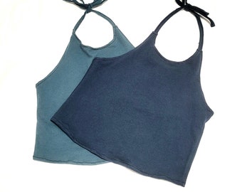 Blue Repurposed Tee to Halter Top - Jersey Knit - Beach Wear - Upcycled Eco-friendly - Reuse Reduce Waste - Recycle - Crop Top Tie Straps